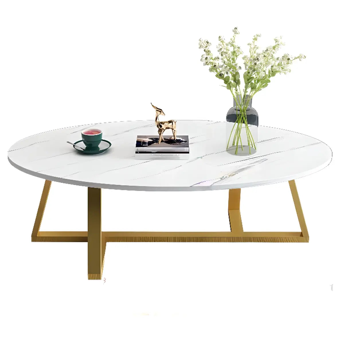 White Oval Manufactured Wood Cross Legs Coffee Table Image - 10