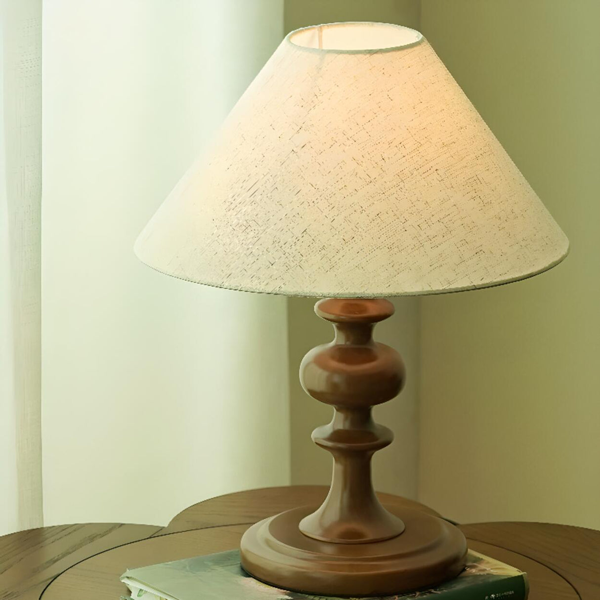 White Plain Classic Wooden Base Geometric Table Lamp Image - 4