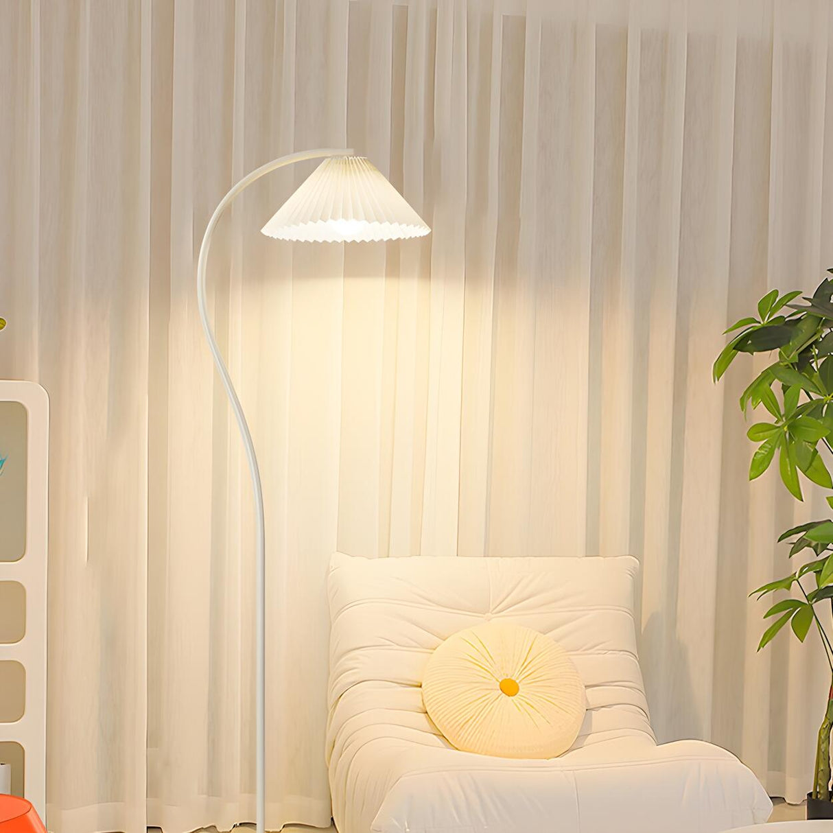 White Pleated Shade Elegant Curved Arc Floor Lamp Image - 1