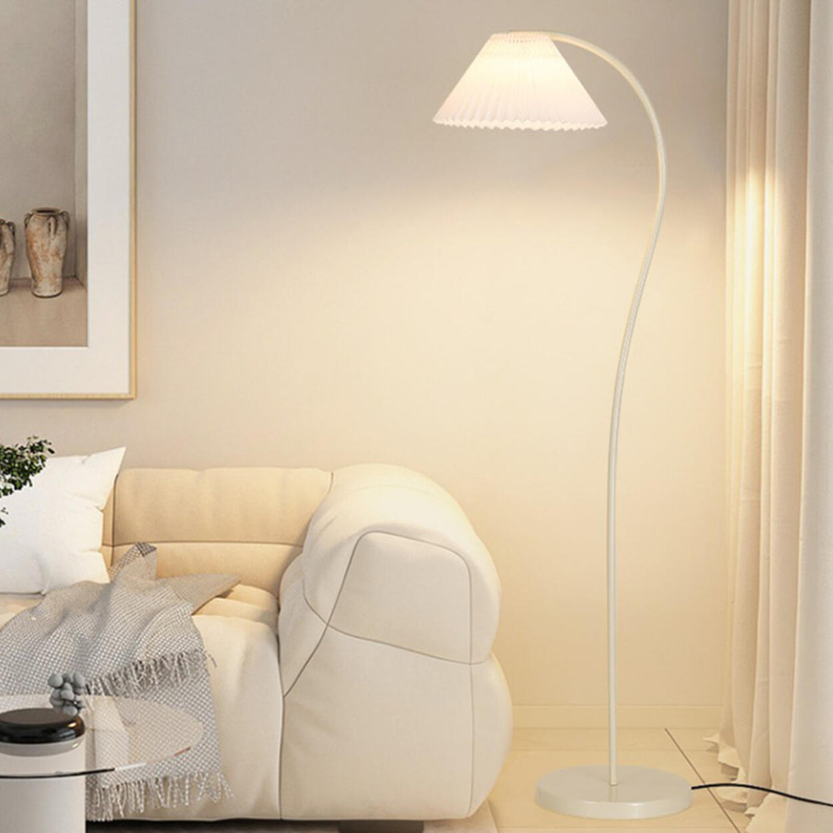 White Pleated Shade Minimalist Curved Floor Lamp Image - 12