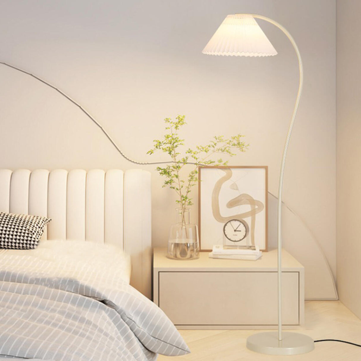 White Pleated Shade Minimalist Curved Floor Lamp Image - 13