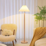 White Pleated Shade Wooden Base Classic Floor Lamp Image - 1