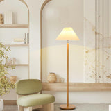 White Pleated Shade Wooden Base Classic Floor Lamp Image - 10