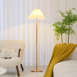 White Pleated Shade Wooden Base Classic Floor Lamp Image - 2