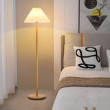 White Pleated Shade Wooden Base Classic Floor Lamp Image - 4