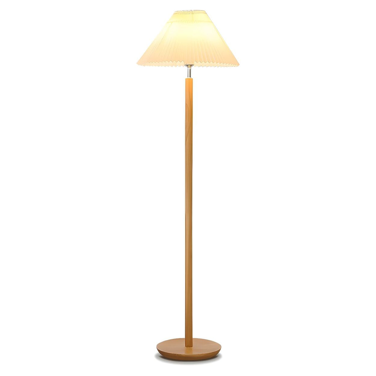 White Pleated Shade Wooden Base Classic Floor Lamp Image - 5