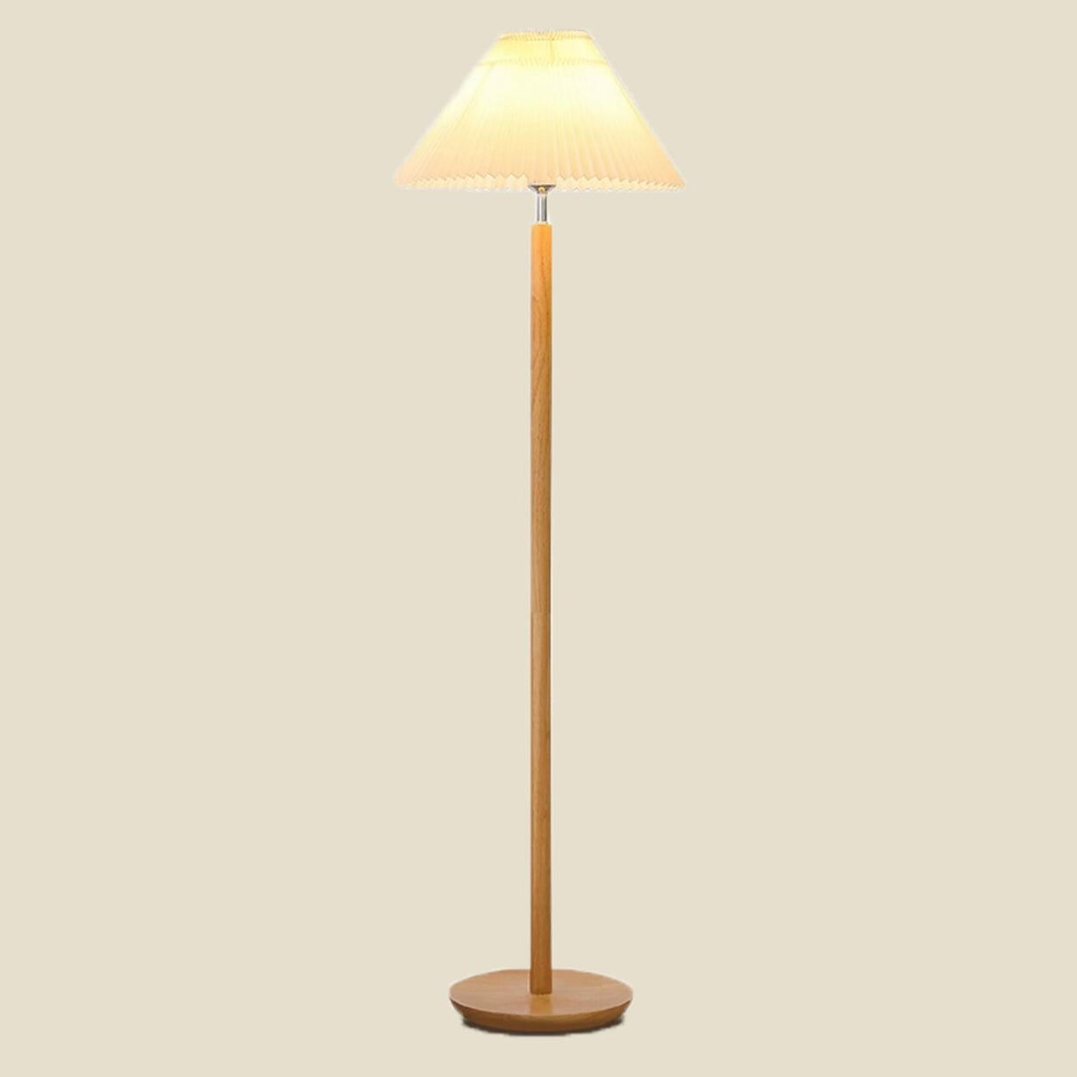 White Pleated Shade Wooden Base Classic Floor Lamp Image - 6