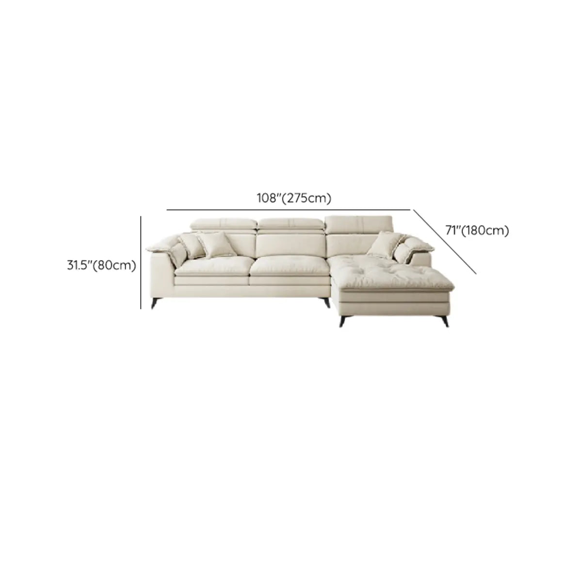 White Recessed Arm Fabric Stationary L-Shape Sofa Chaise 