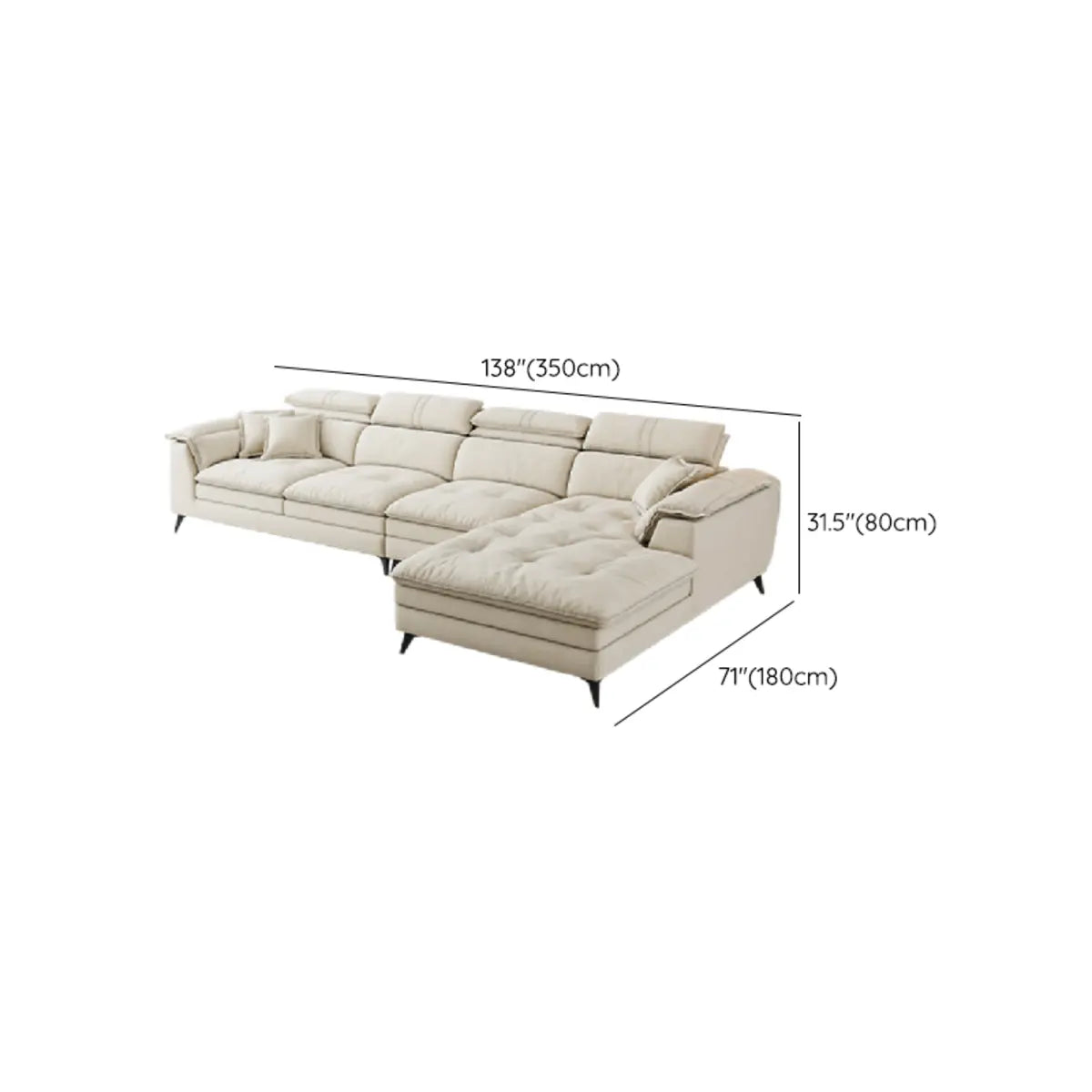 White Recessed Arm Fabric Stationary L-Shape Sofa Chaise Image - 14