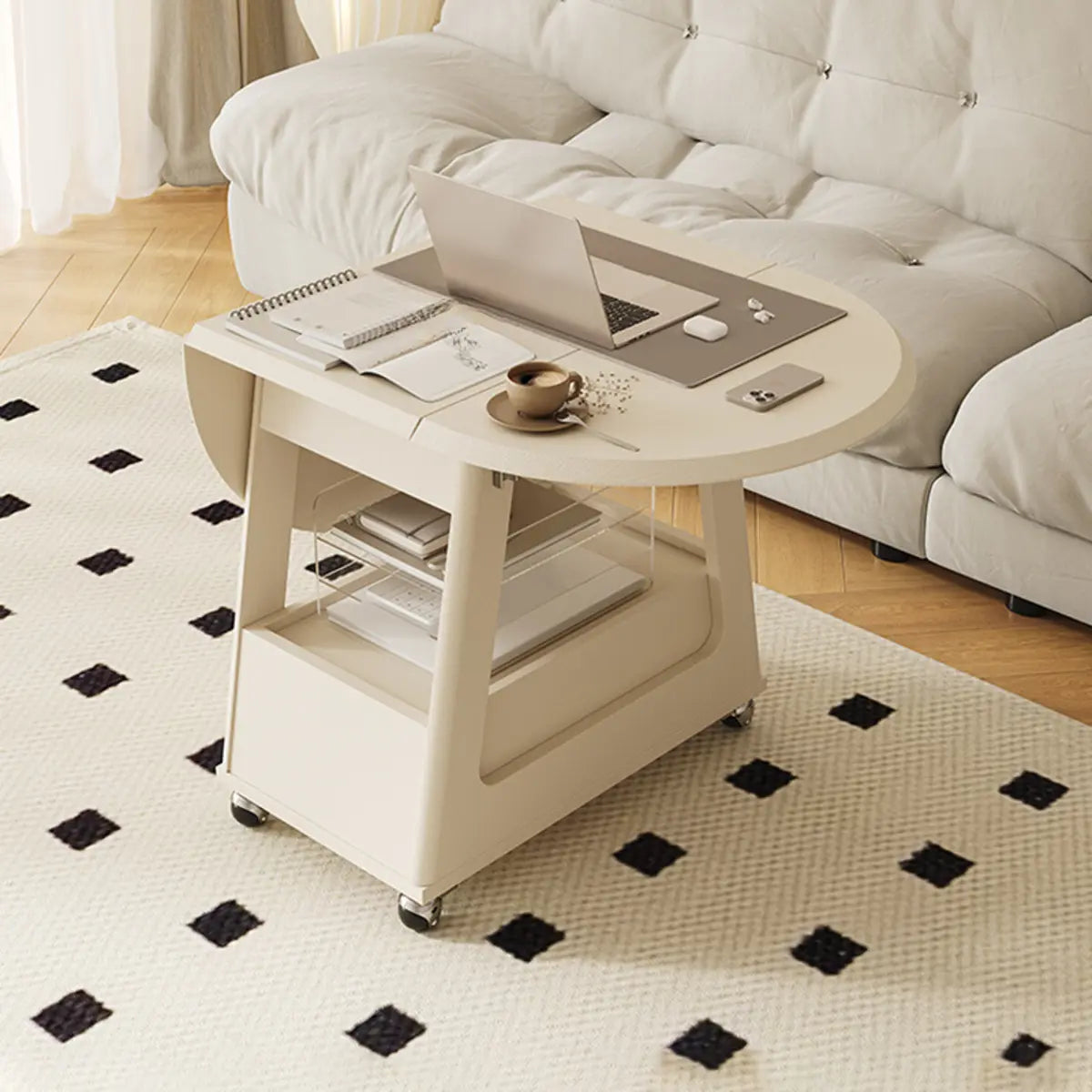 White Rectangle Foldable Rolling End Table with Storage Image - 1