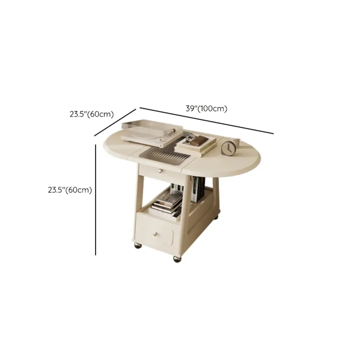 White Rectangle Foldable Rolling End Table with Storage 