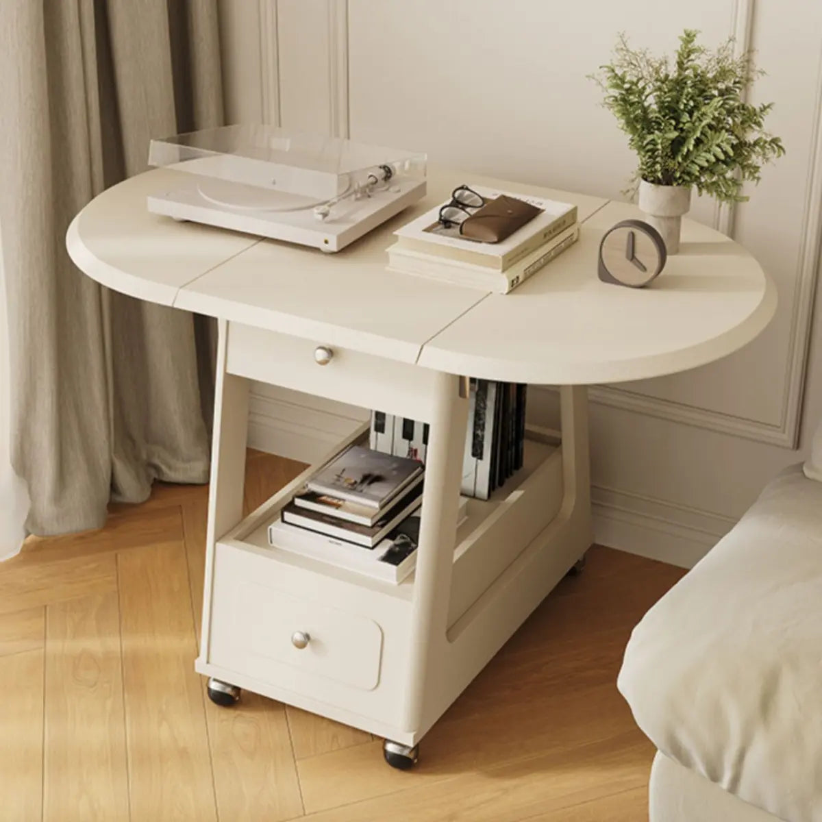 White Rectangle Foldable Rolling End Table with Storage Image - 6