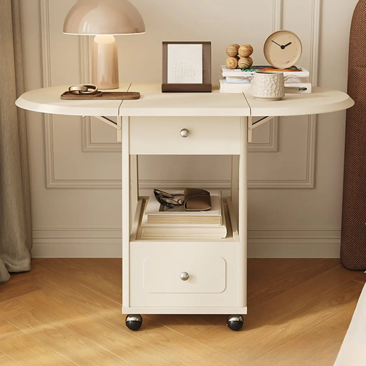 White Rectangle Foldable Rolling End Table with Storage Image - 8