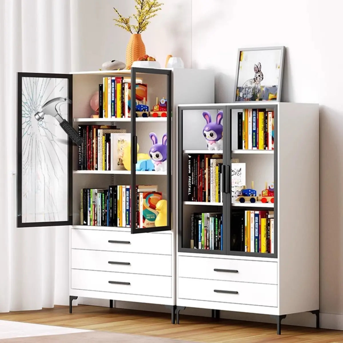 White Rectangle Steel Accent Storage Display Cabinet Image - 7