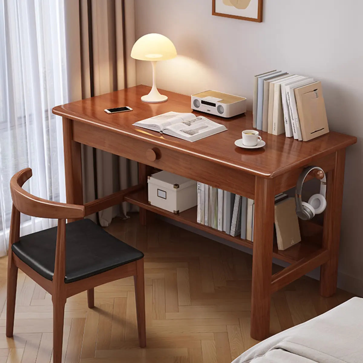 White Rectangle Wood Shelf Drawers H-Shape Writing Desk Image - 4