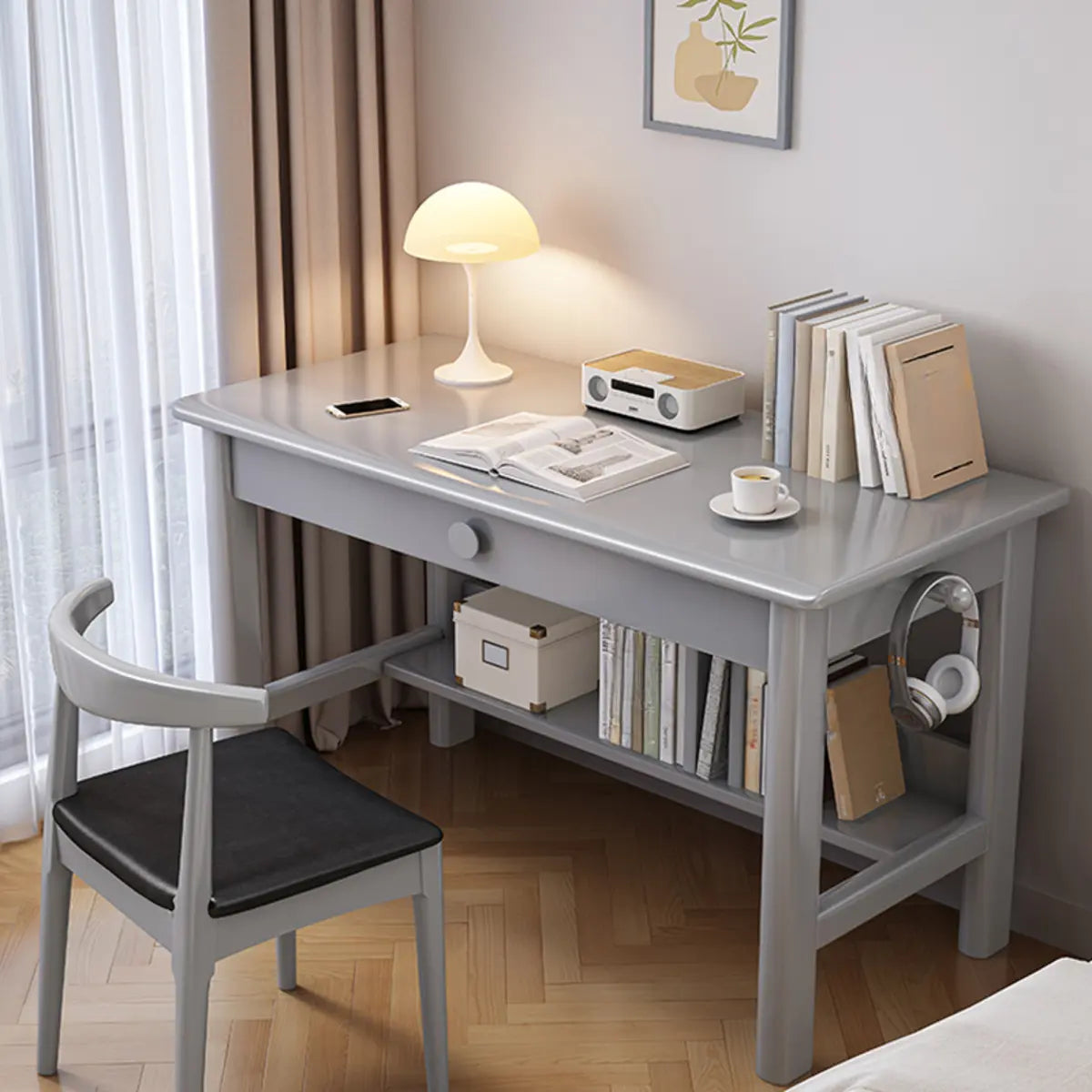 White Rectangle Wood Shelf Drawers H-Shape Writing Desk Image - 6