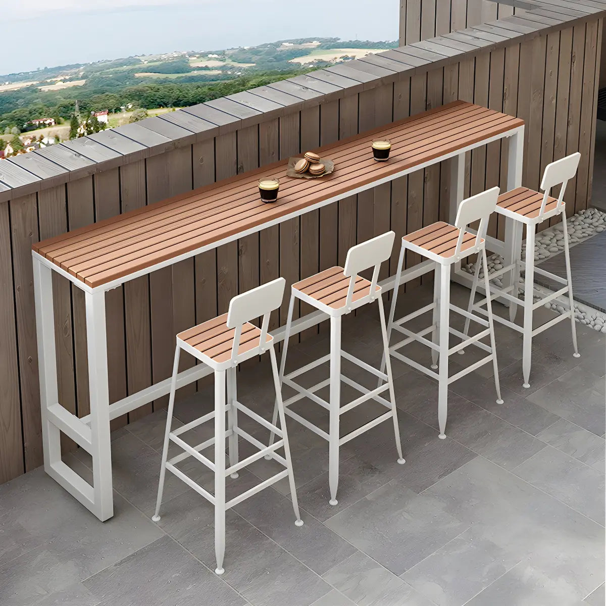 White Rectangular Metal Brown Wood Long Outdoor Bar Table Image - 1