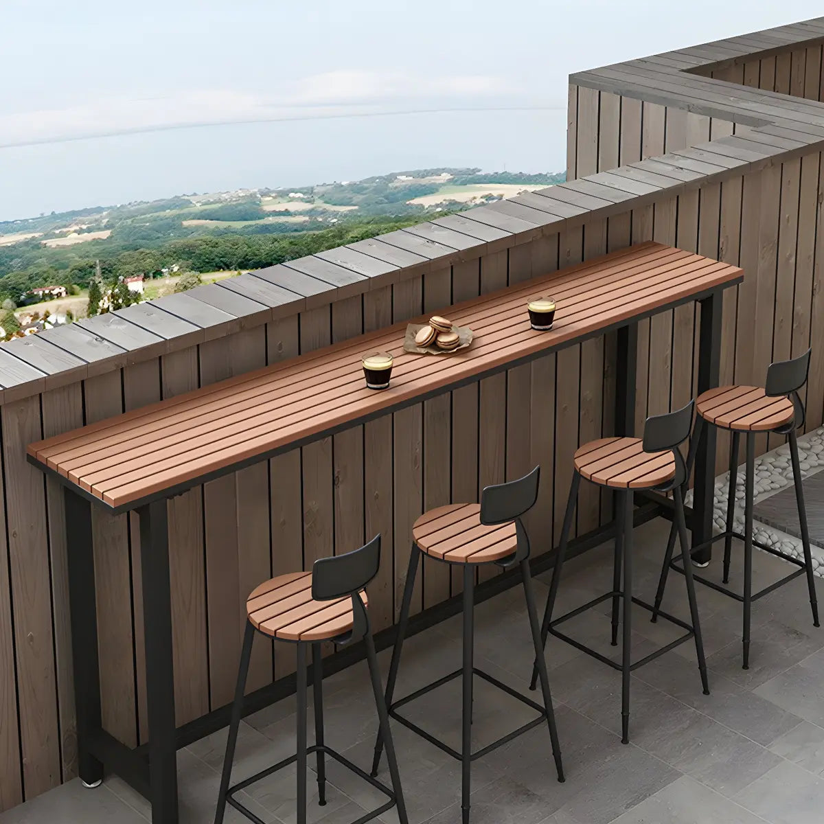 White Rectangular Metal Brown Wood Long Outdoor Bar Table Image - 11