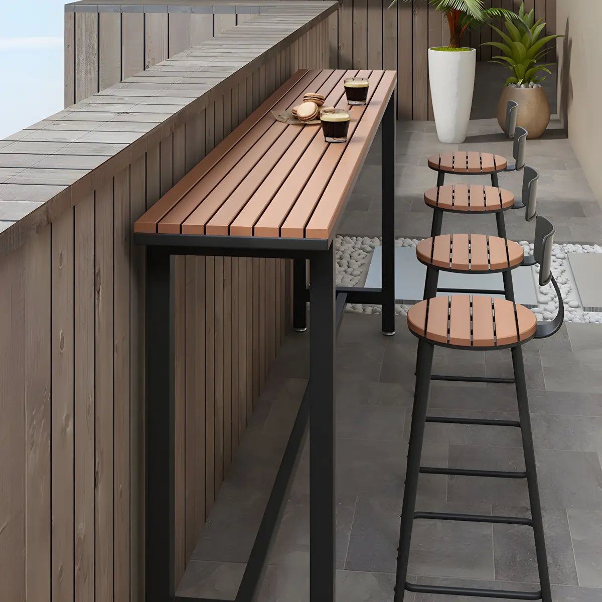 White Rectangular Metal Brown Wood Long Outdoor Bar Table Image - 12