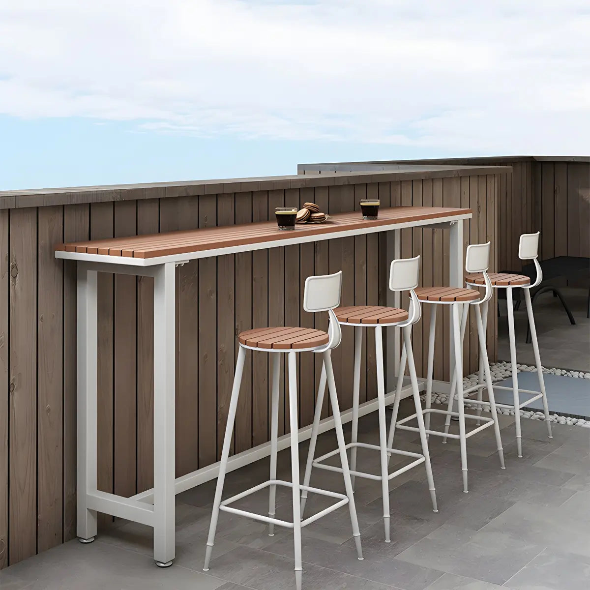 White Rectangular Metal Brown Wood Long Outdoor Bar Table Image - 13