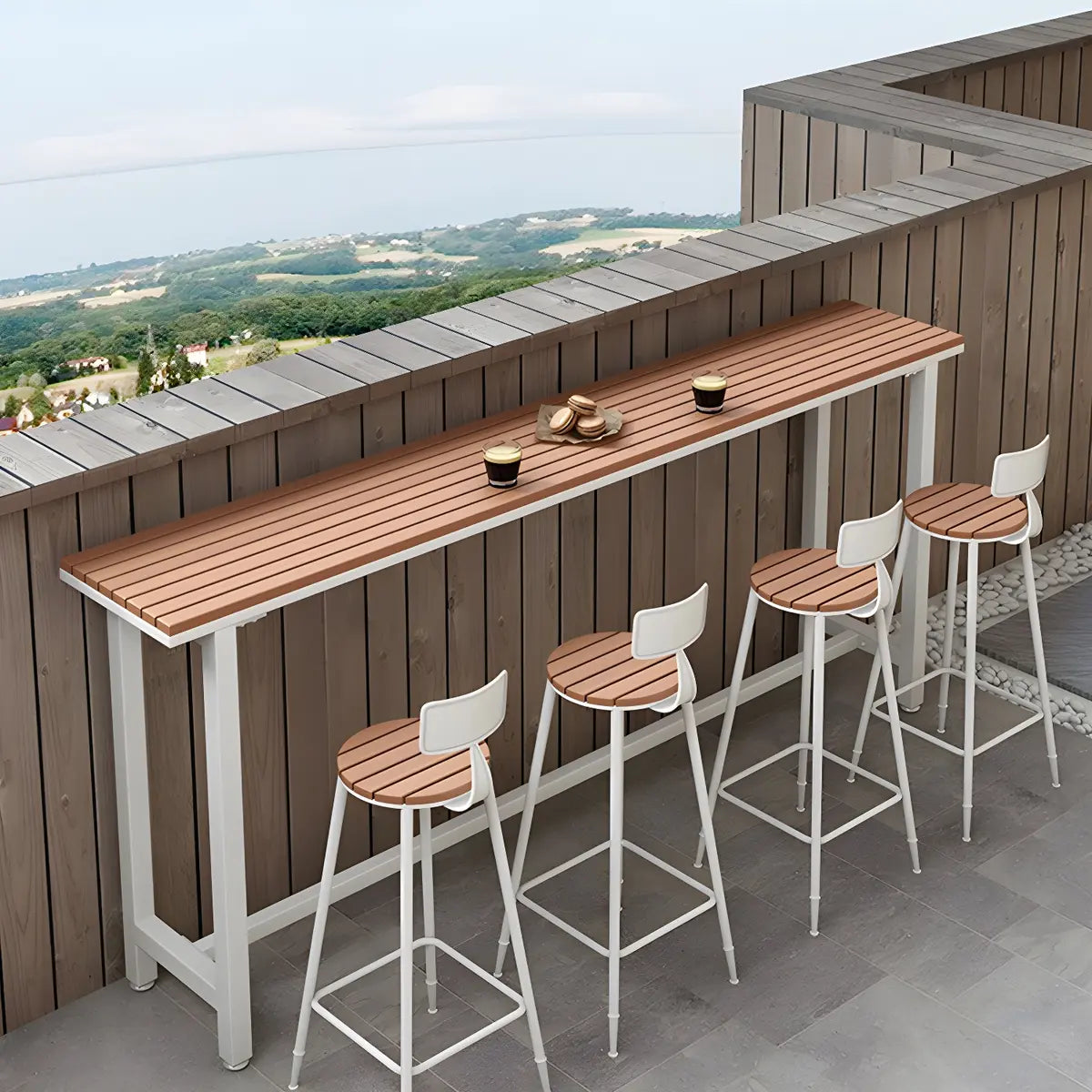 White Rectangular Metal Brown Wood Long Outdoor Bar Table Image - 14