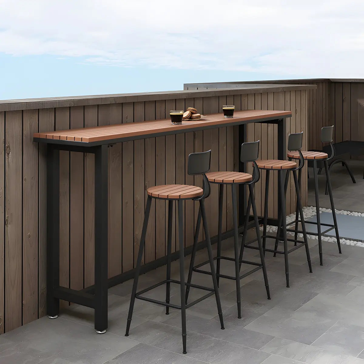 White Rectangular Metal Brown Wood Long Outdoor Bar Table Image - 15