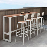 White Rectangular Metal Brown Wood Long Outdoor Bar Table Image - 2