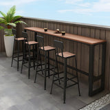 White Rectangular Metal Brown Wood Long Outdoor Bar Table Image - 3