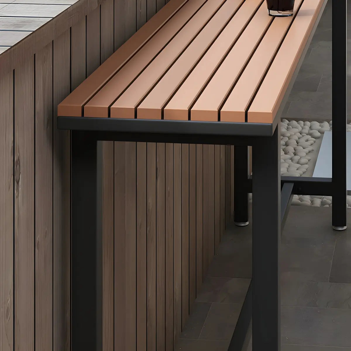 White Rectangular Metal Brown Wood Long Outdoor Bar Table Image - 6