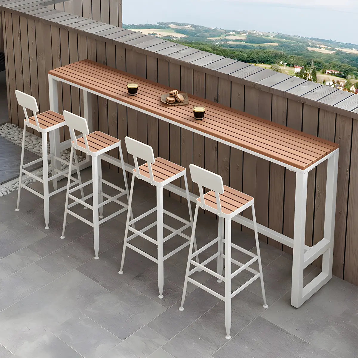 White Rectangular Metal Brown Wood Long Outdoor Bar Table Image - 9