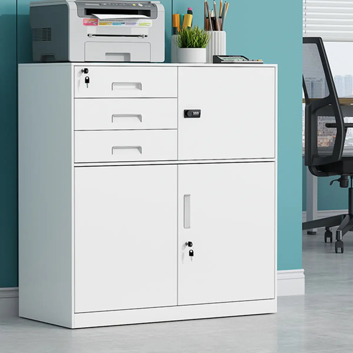 White Rectangular Steel Medium Office Filing Cabinet Image - 20