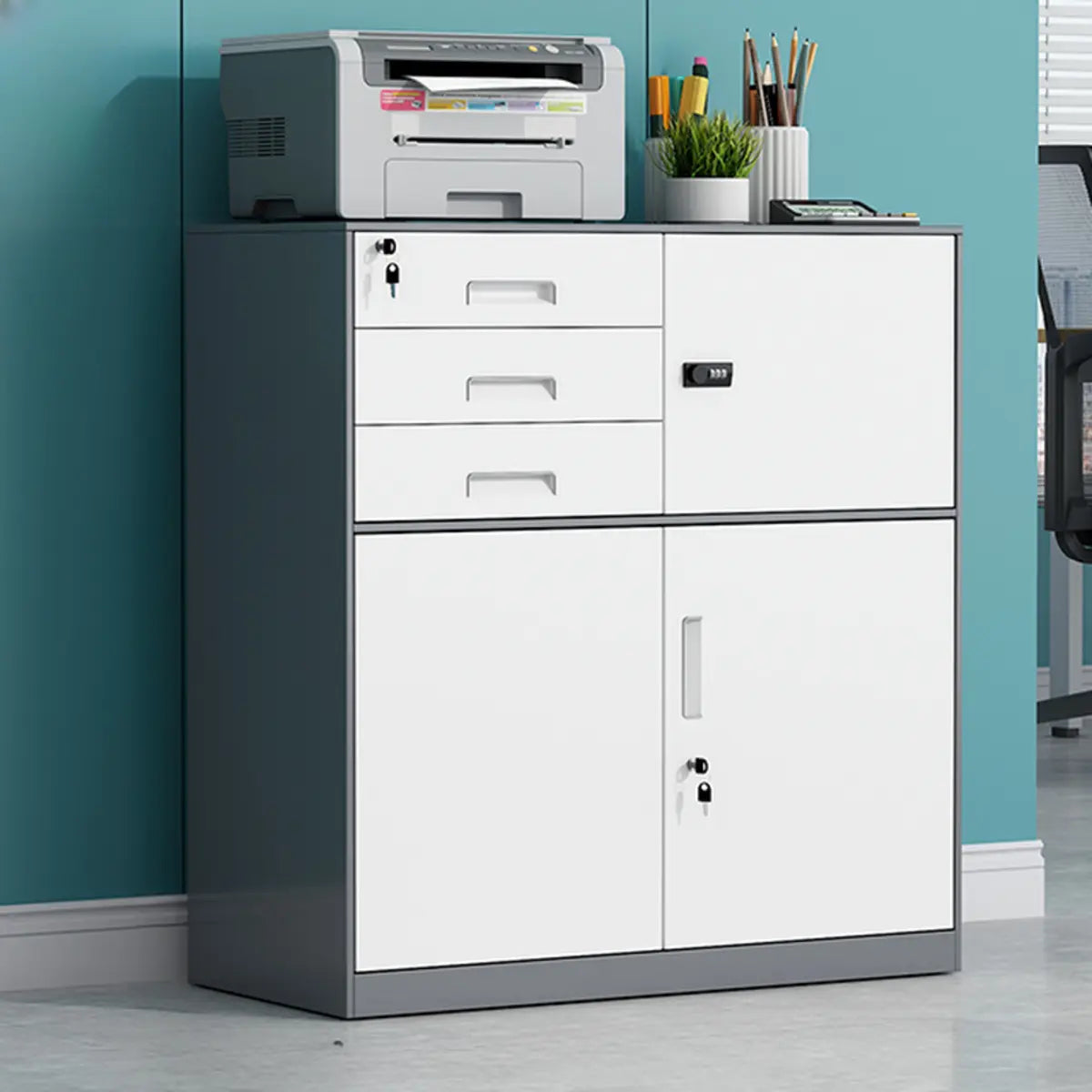 White Rectangular Steel Medium Office Filing Cabinet Image - 4