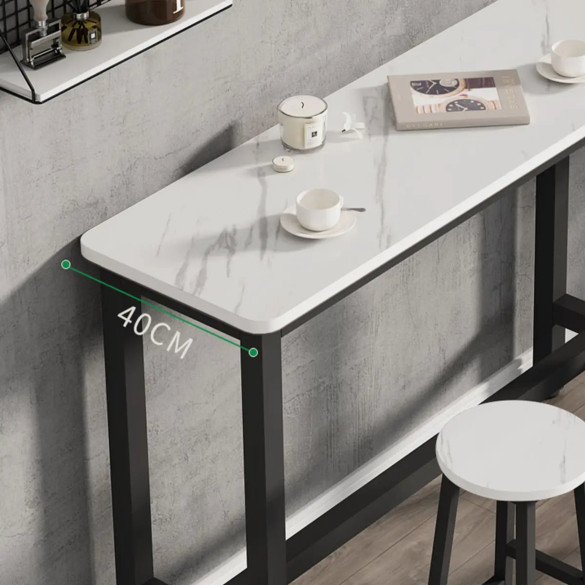 White Rectangular Wood Steel Long Bar Table With Footrest Image - 11