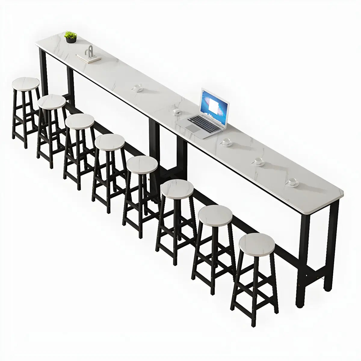 White Rectangular Wood Steel Long Bar Table With Footrest Image - 13