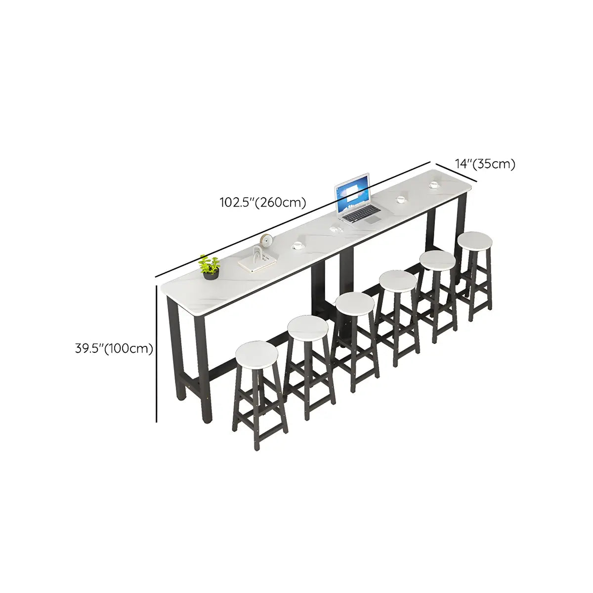 White Rectangular Wood Steel Long Bar Table With Footrest 