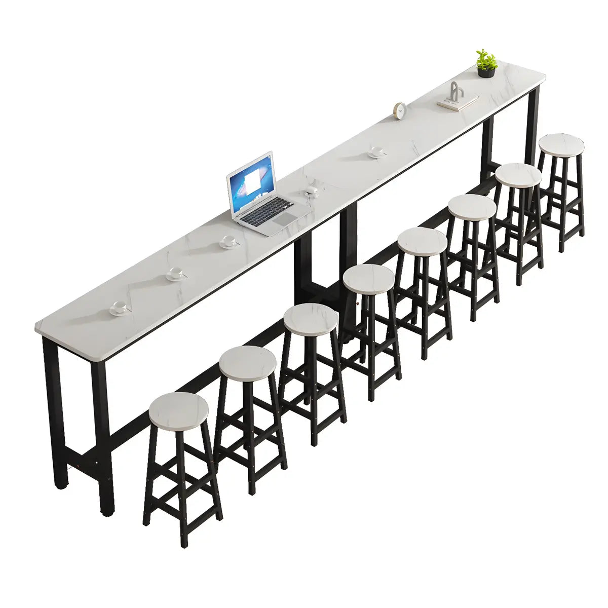 White Rectangular Wood Steel Long Bar Table With Footrest Image - 2