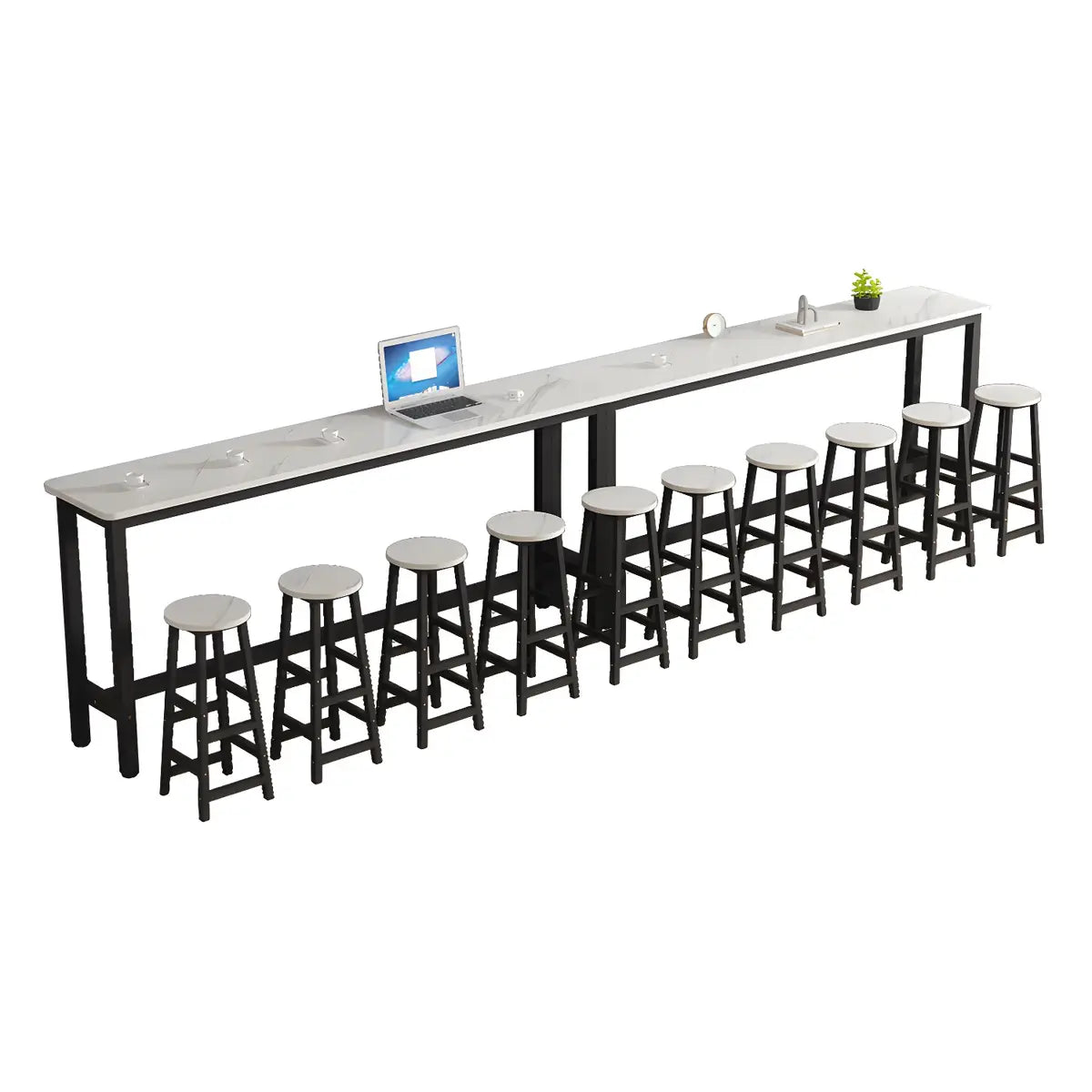 White Rectangular Wood Steel Long Bar Table With Footrest Image - 3