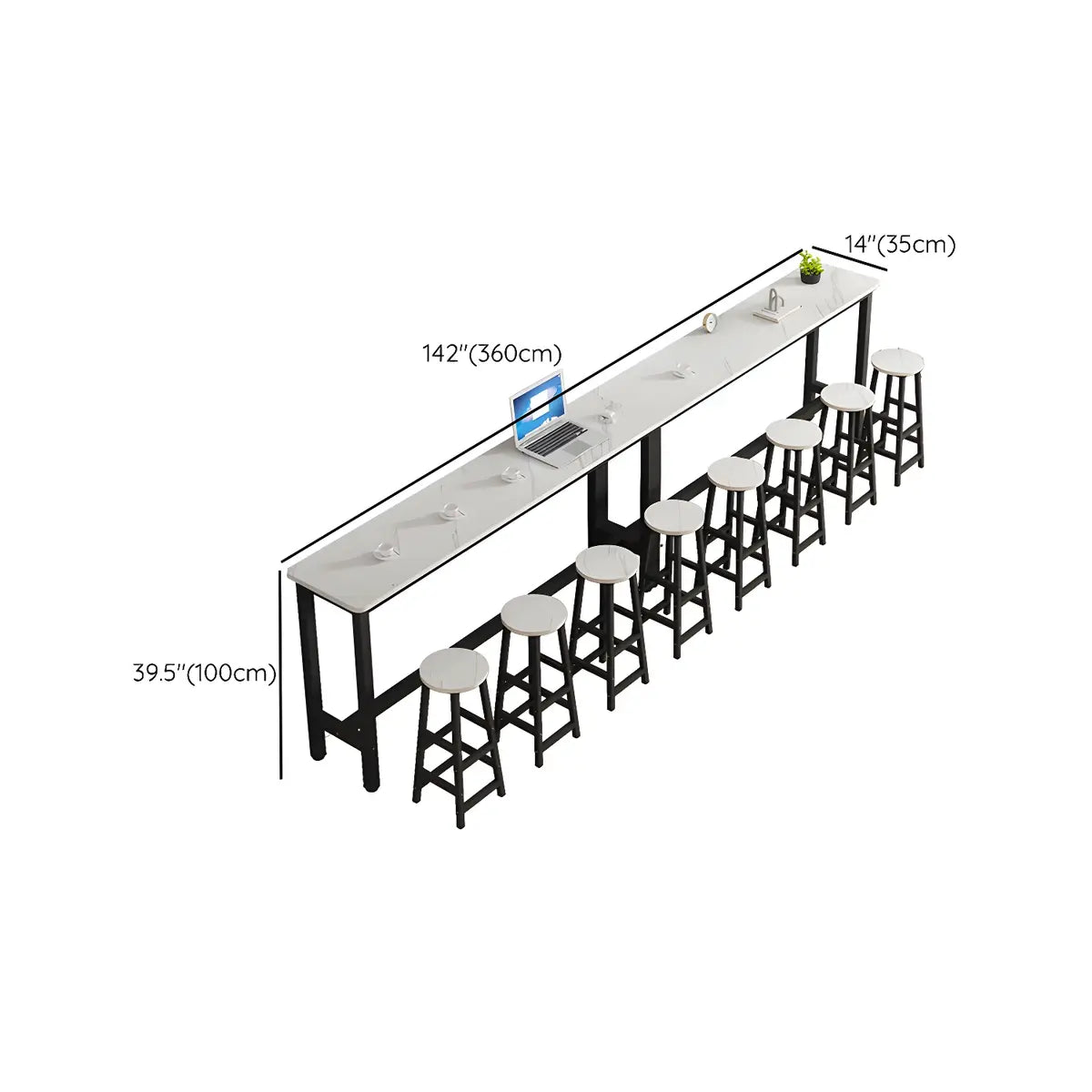 White Rectangular Wood Steel Long Bar Table With Footrest Image - 21