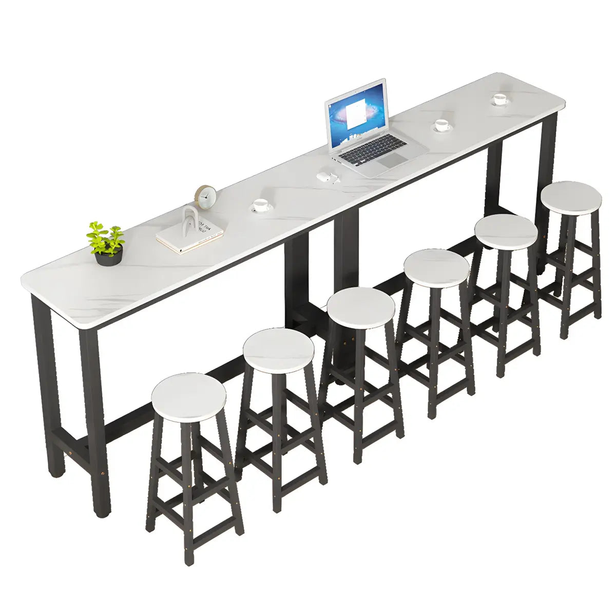 White Rectangular Wood Steel Long Bar Table With Footrest Image - 8