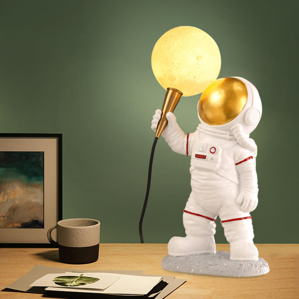 White Resin LED Astronaut Moon Decorative Table Lamp Image - 6