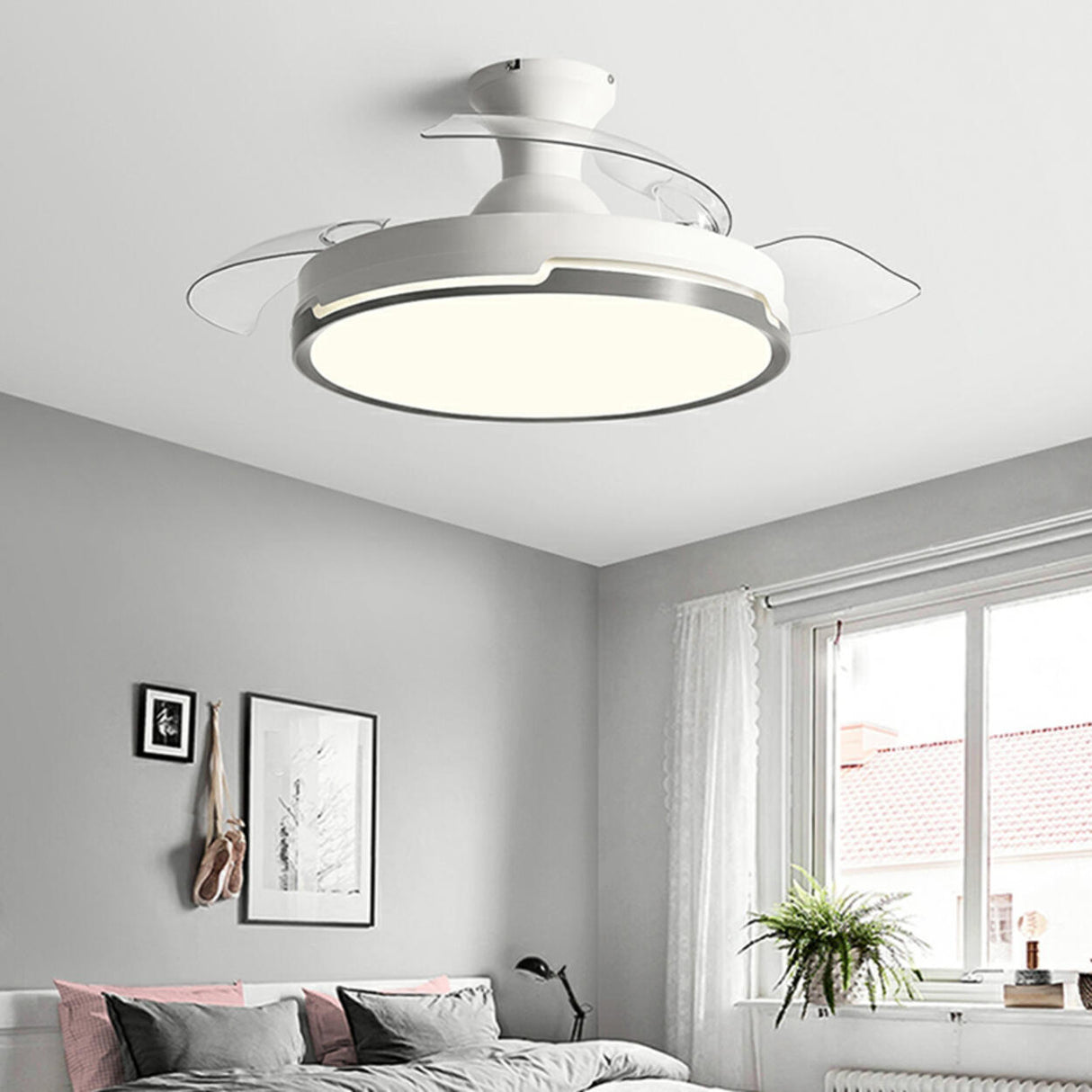 White Round 3 Clear Blade Ceiling Fan with LED Light Image - 2