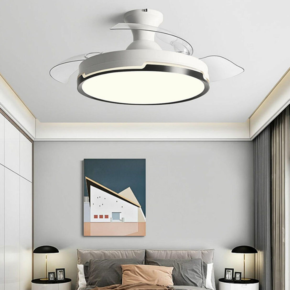 White Round 3 Clear Blade Ceiling Fan with LED Light Image - 3