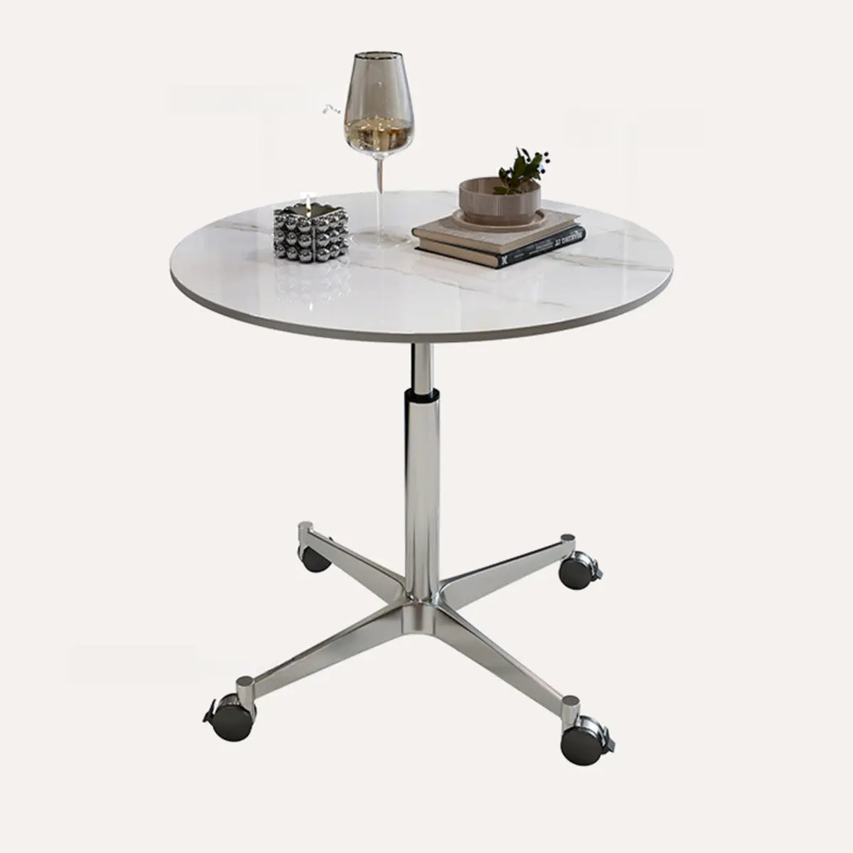 White Round Adjustable Height Stone Rolling Side Table Image - 8