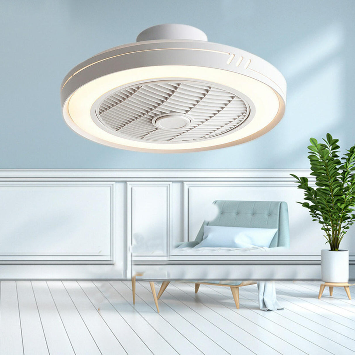 White Round Bladeless Modern Ceiling Fan with LED Light Image - 3