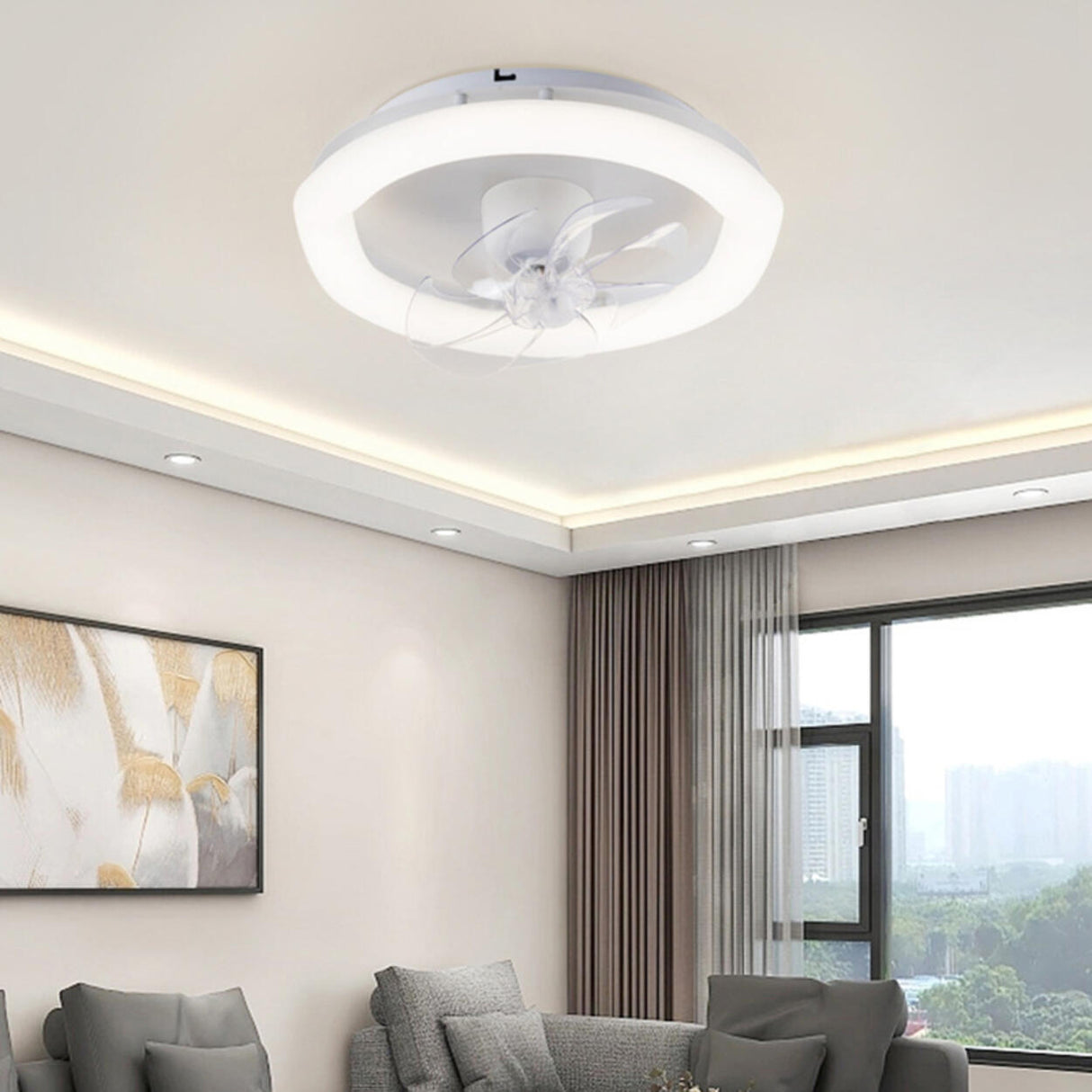 White Round Clear Blades Ceiling Fan with LED Light Image - 14