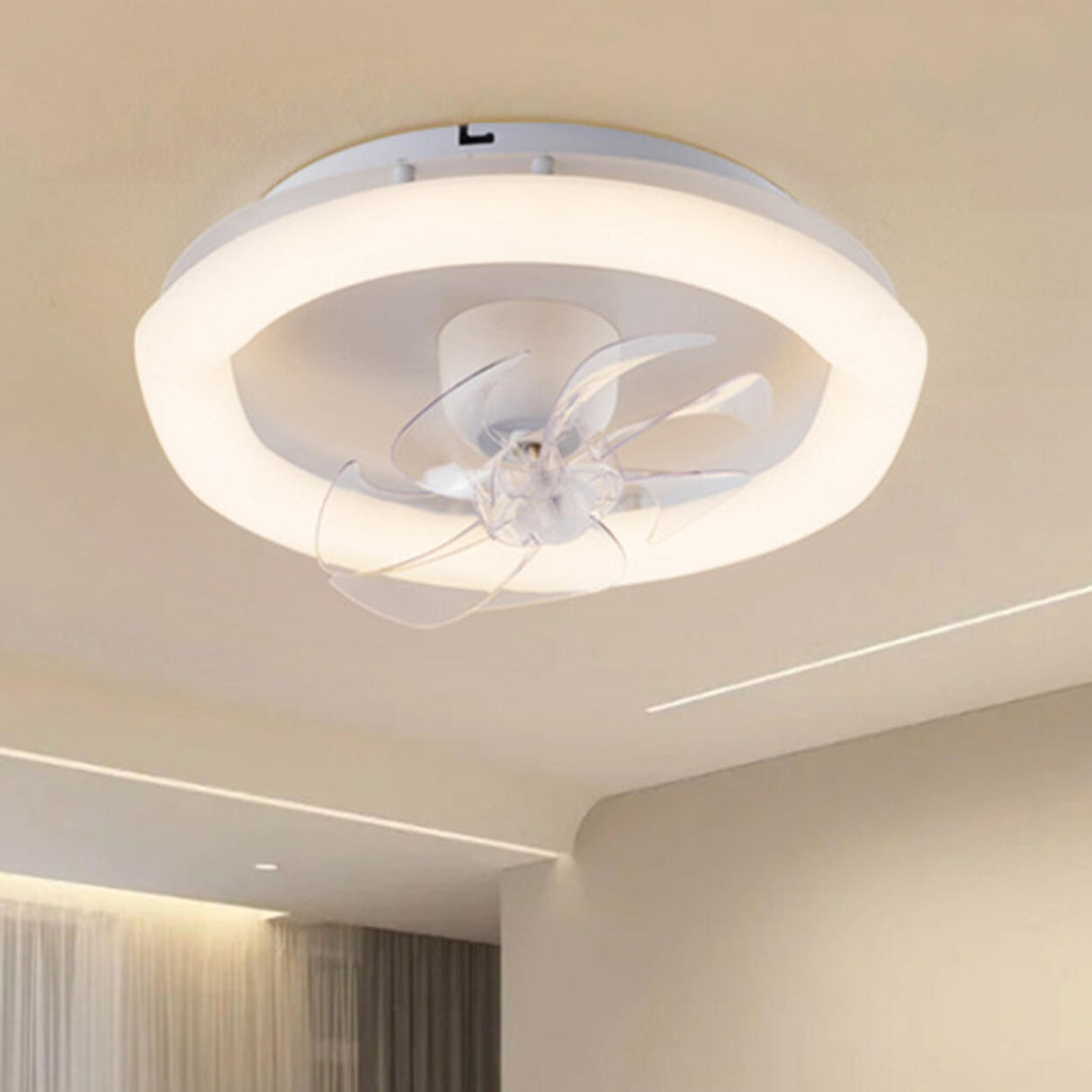 White Round Clear Blades Ceiling Fan with LED Light Image - 2