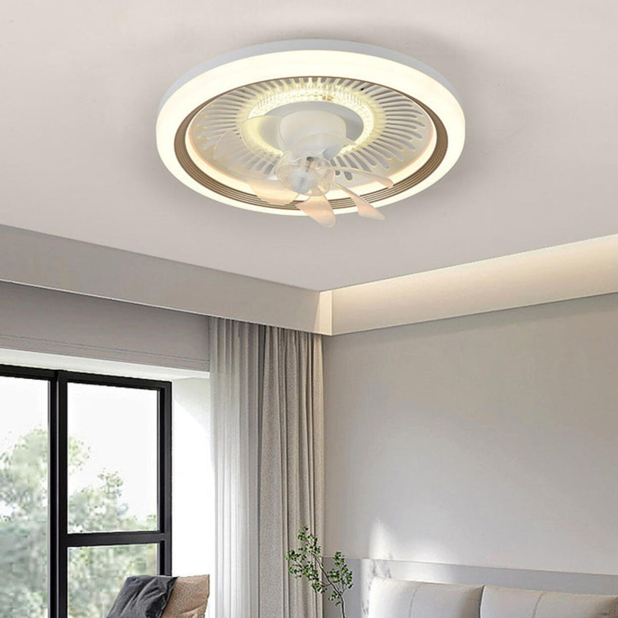 White Round LED 7 Blades Remote Ceiling Fan with Light Image - 2