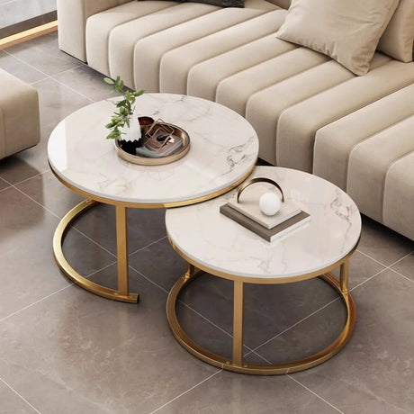 White Round Metal Gold Frame Nesting Coffee Tables Image - 1