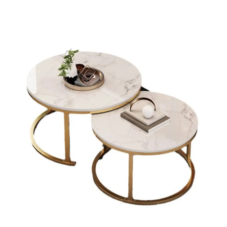 White Round Metal Gold Frame Nesting Coffee Tables Image - 2