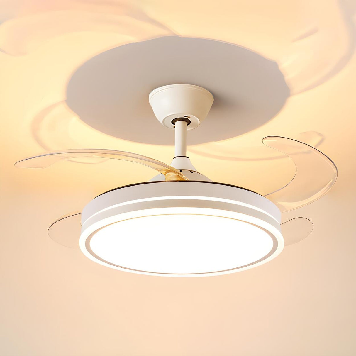 White Round Retractable Ceiling Fan with LED Light Image - 10